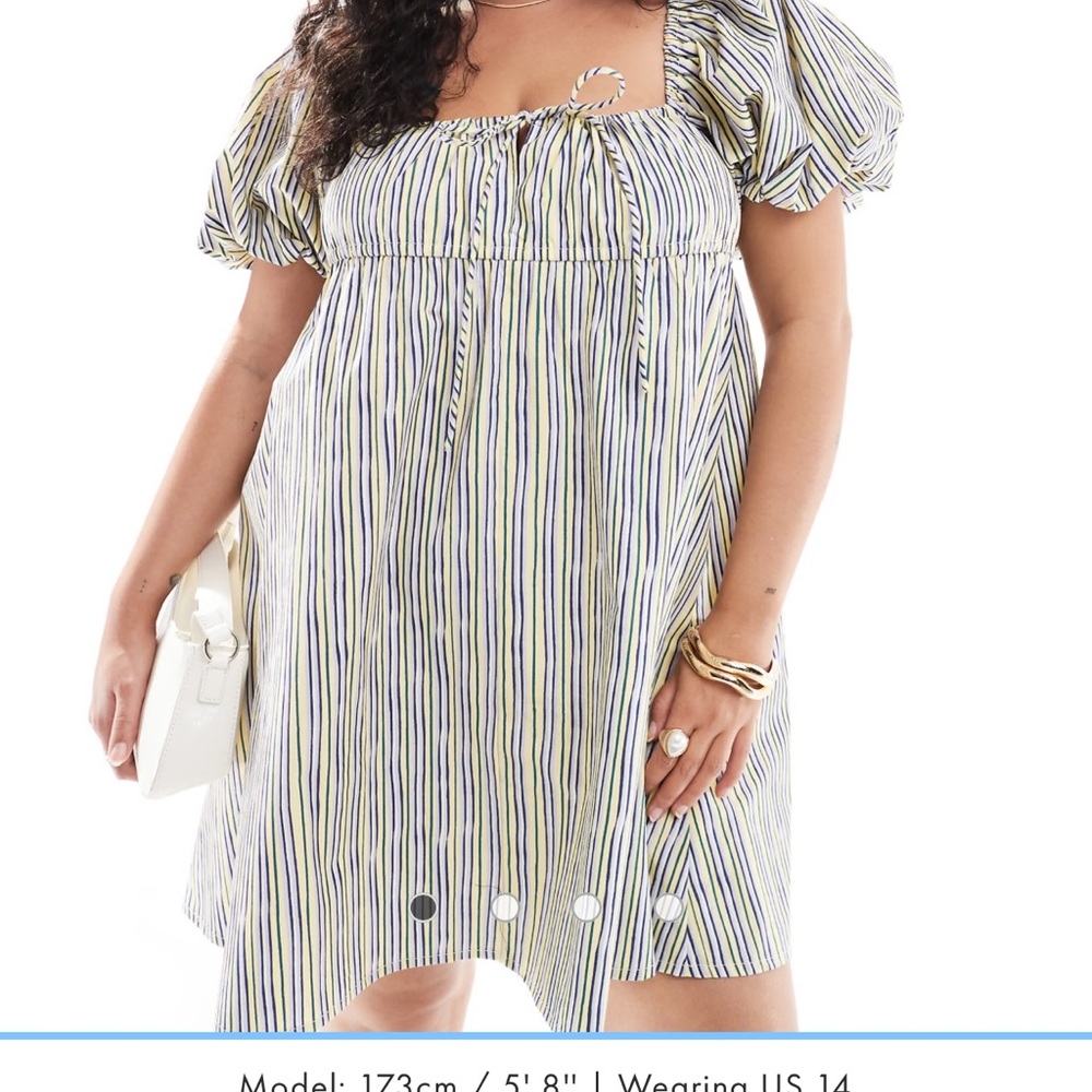 ASOS Striped Puff Sleeve Sundress in Blue, Green, White